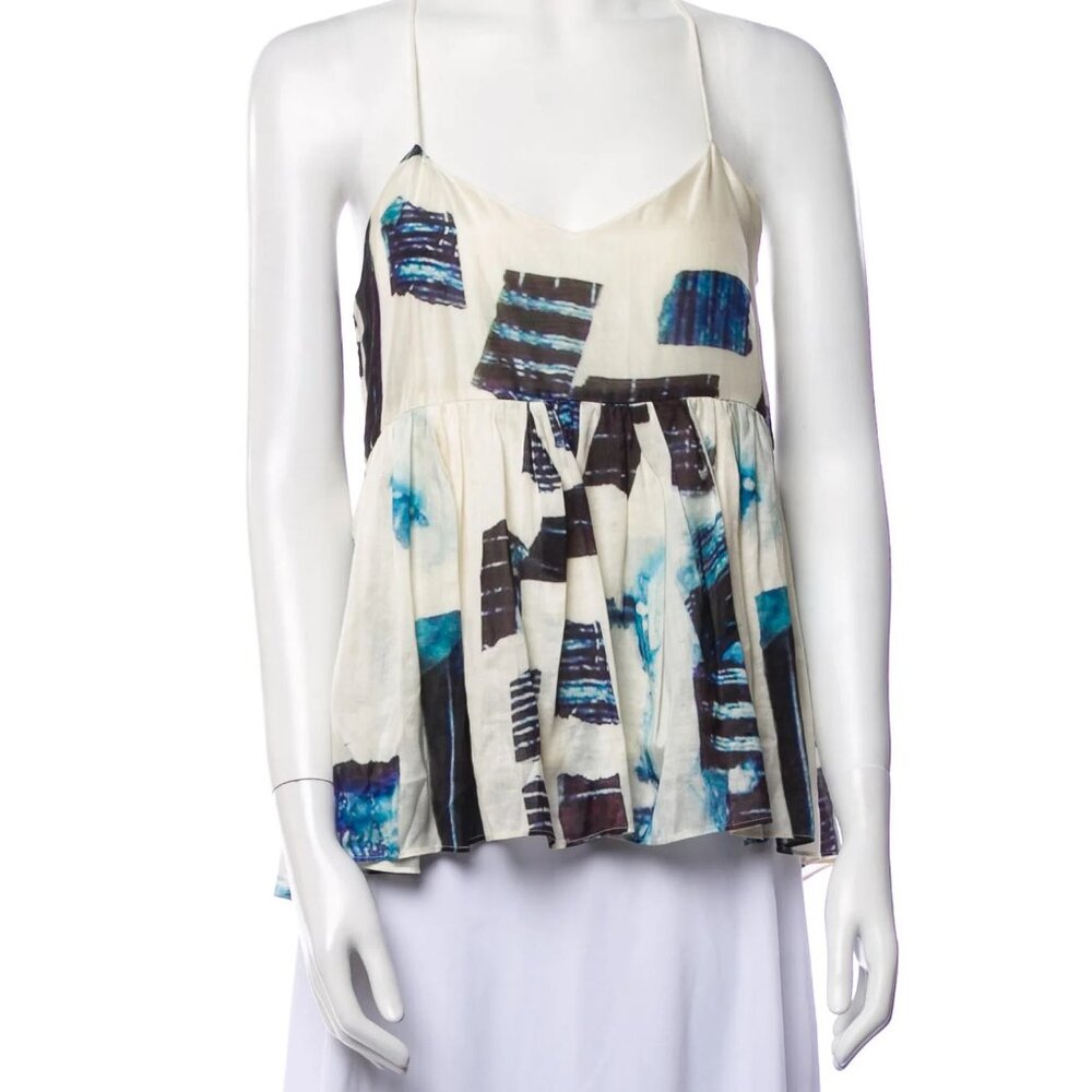 Tibi Silk Printed Top Blue White Peplum Racerback Abstract Print Tank Top Size 0